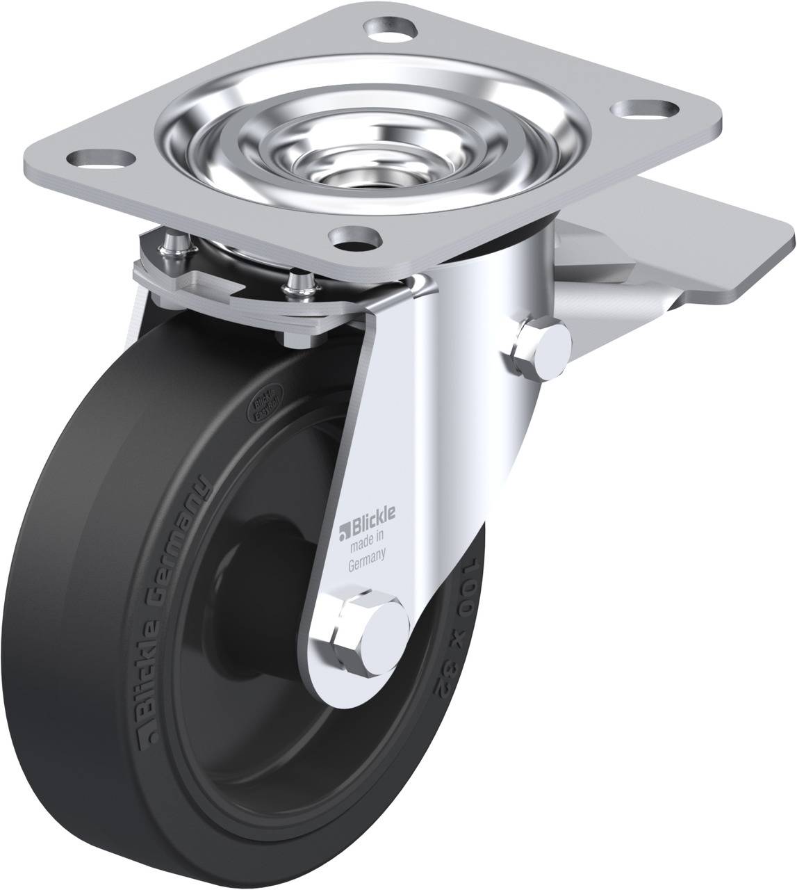 Industrie-Lenkrolle mit Metallgehäuse und schwarzem Rad. Eignet sich für schwere Lasten und ist um 360 Grad drehbar.