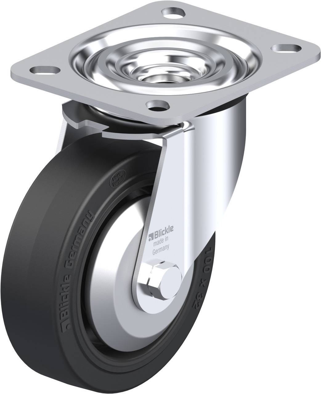 Metallrolle mit schwarzem Rad und glatter Oberfläche, geeignet für industrielle Anwendungen, auf einer Schraubplatte montiert.