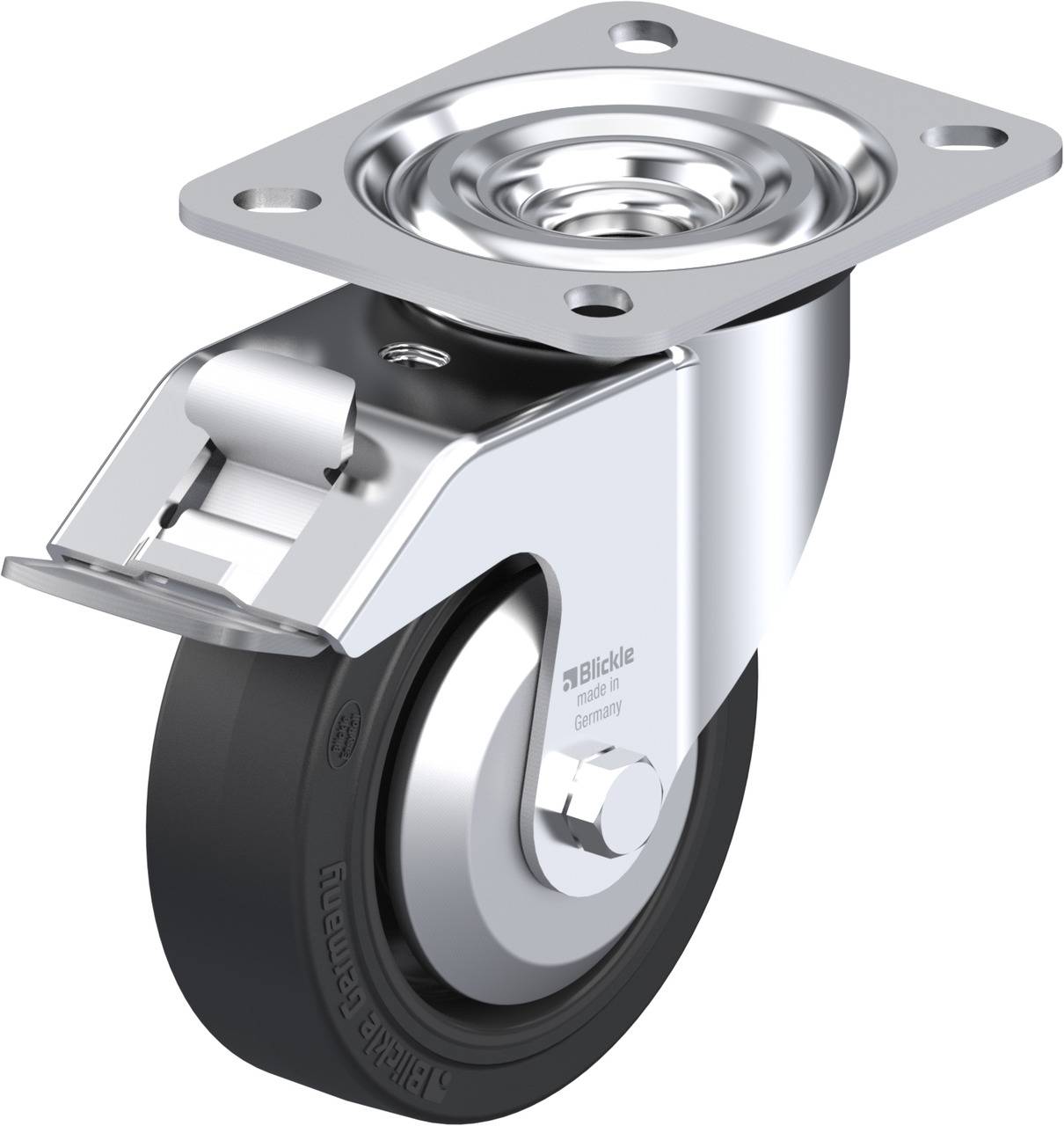 Lenkrolle mit Bremse aus Metall und Gummi; Montageplatte oben, geeignet für Möbel oder Industrieanwendungen.