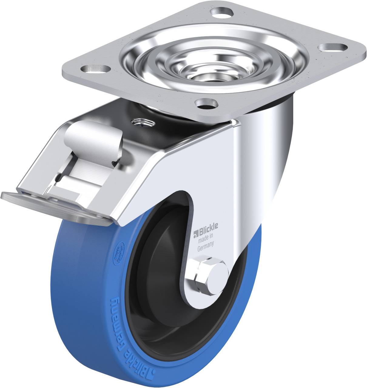 Ein Metallmöbelrollrad mit blauer Gummibeschichtung, Drehgelenk und Feststellbremse, geeignet für Möbel oder industrielle Anwendungen.
