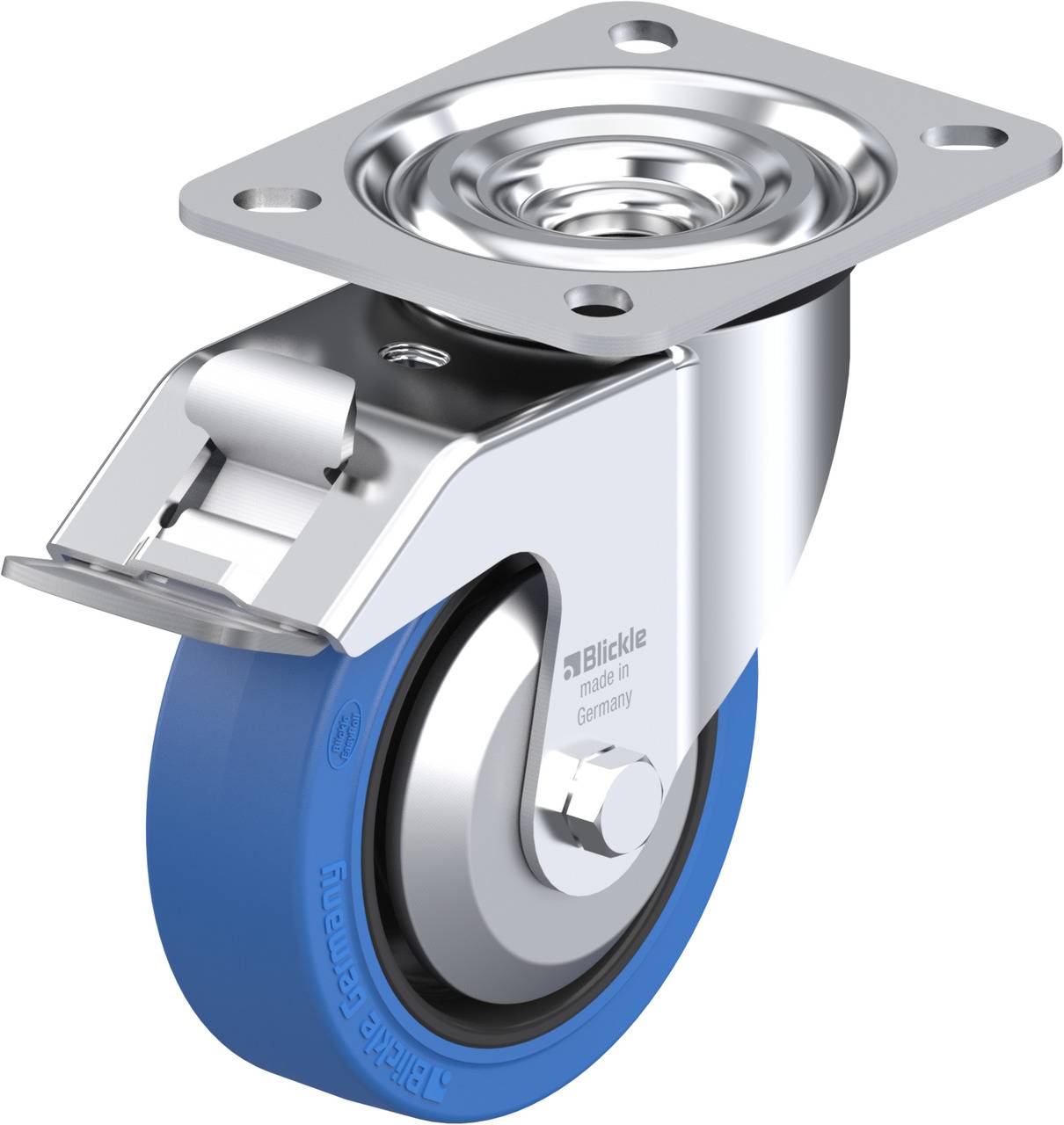 Metallrolle mit blauer Gummilauffläche und rechteckiger Montageplatte. Geeignet für industriellen Einsatz.