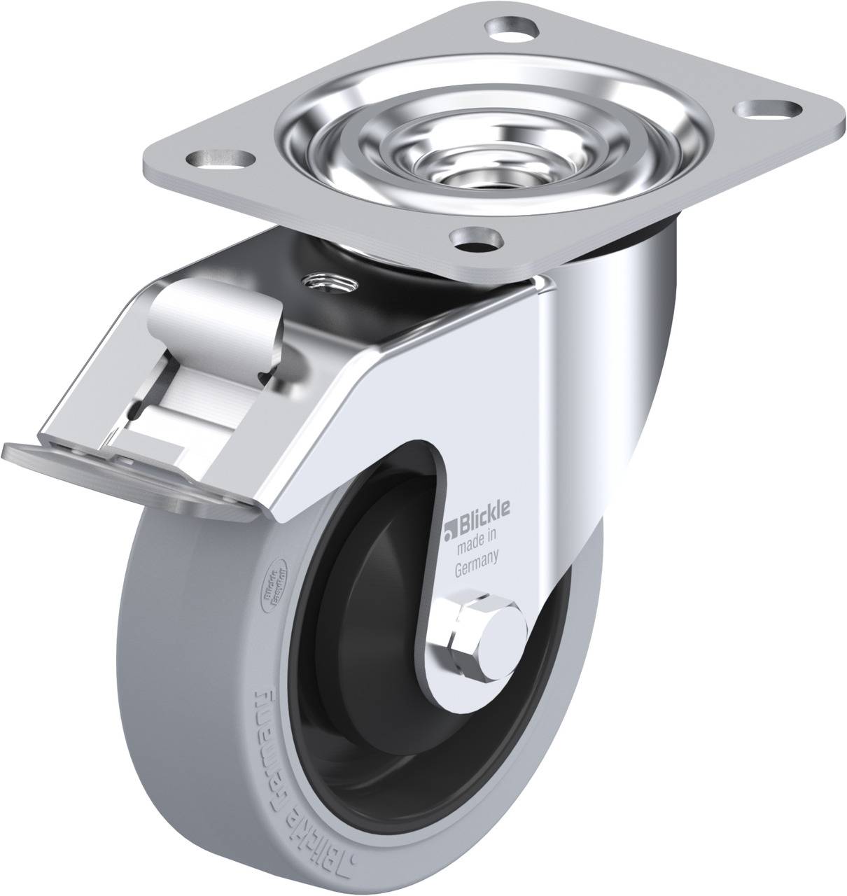 Lenkrolle aus Metall und Kunststoff mit Montageplatte, geeignet für schwere Lasten. Enthält eine Bremse für sichere Arretierung.