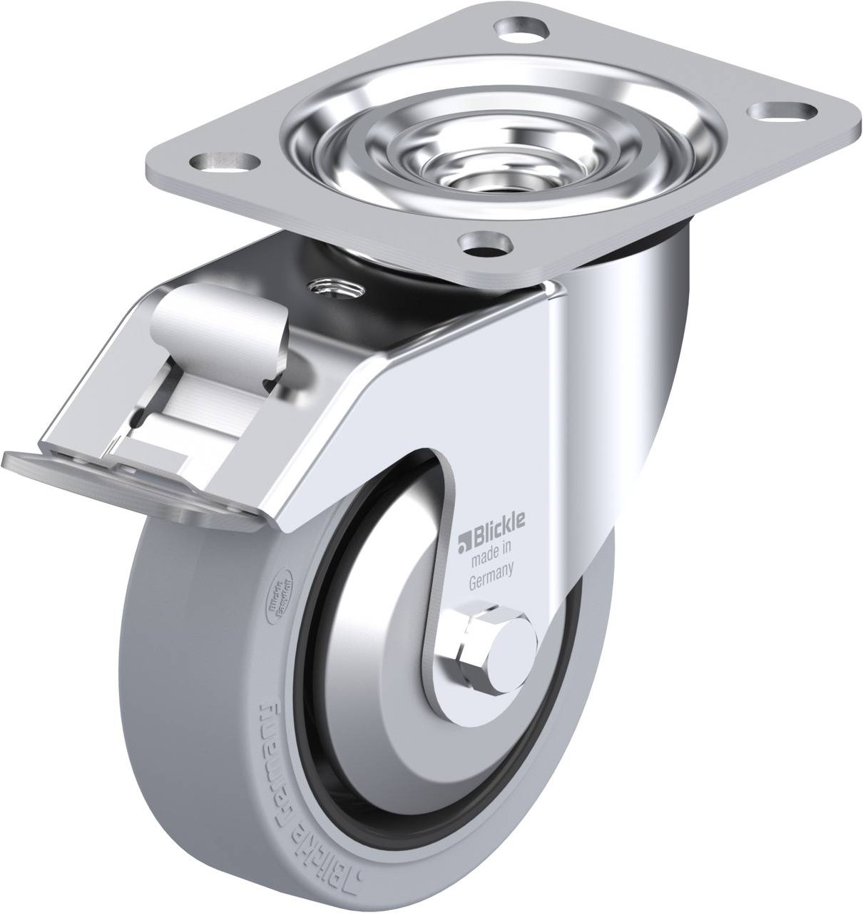 Metallisches Rad mit drehbarer Halterung und Feststellbremse, geeignet für Möbel oder Geräte. Hochwertiges Design mit glatter Oberfläche.