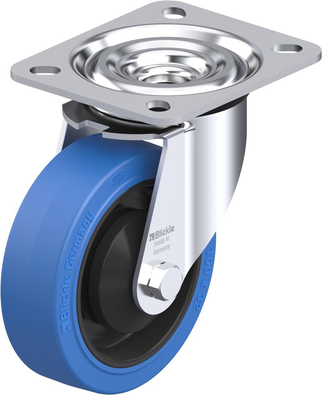 Ein blaues Rad aus Gummi mit einer Metallhalterung, verwendet für Möbel oder Transportgeräte. Hergestellt von Blickle.