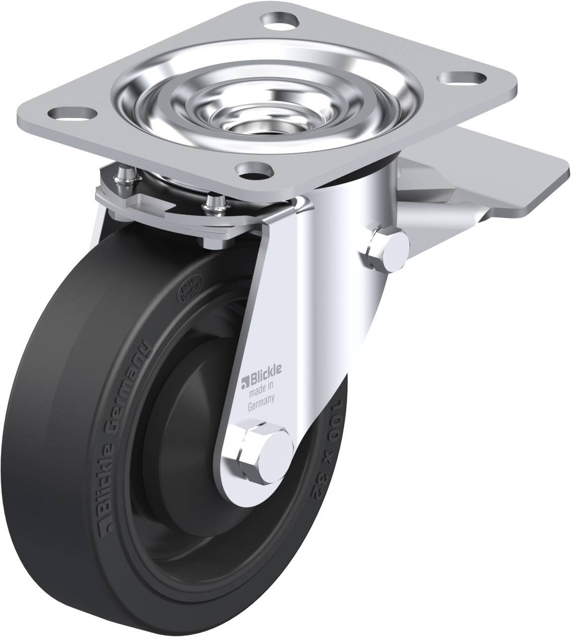 Schwenkrolle mit schwarzem Rad und metallischer Halterung, geeignet für Möbel oder Industrieanwendungen, mit beweglichem Gelenk.