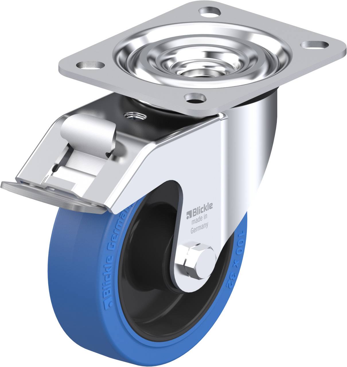 Rolle mit blauer Lauffläche und silberner Halterung, geeignet für Transportgeräte.