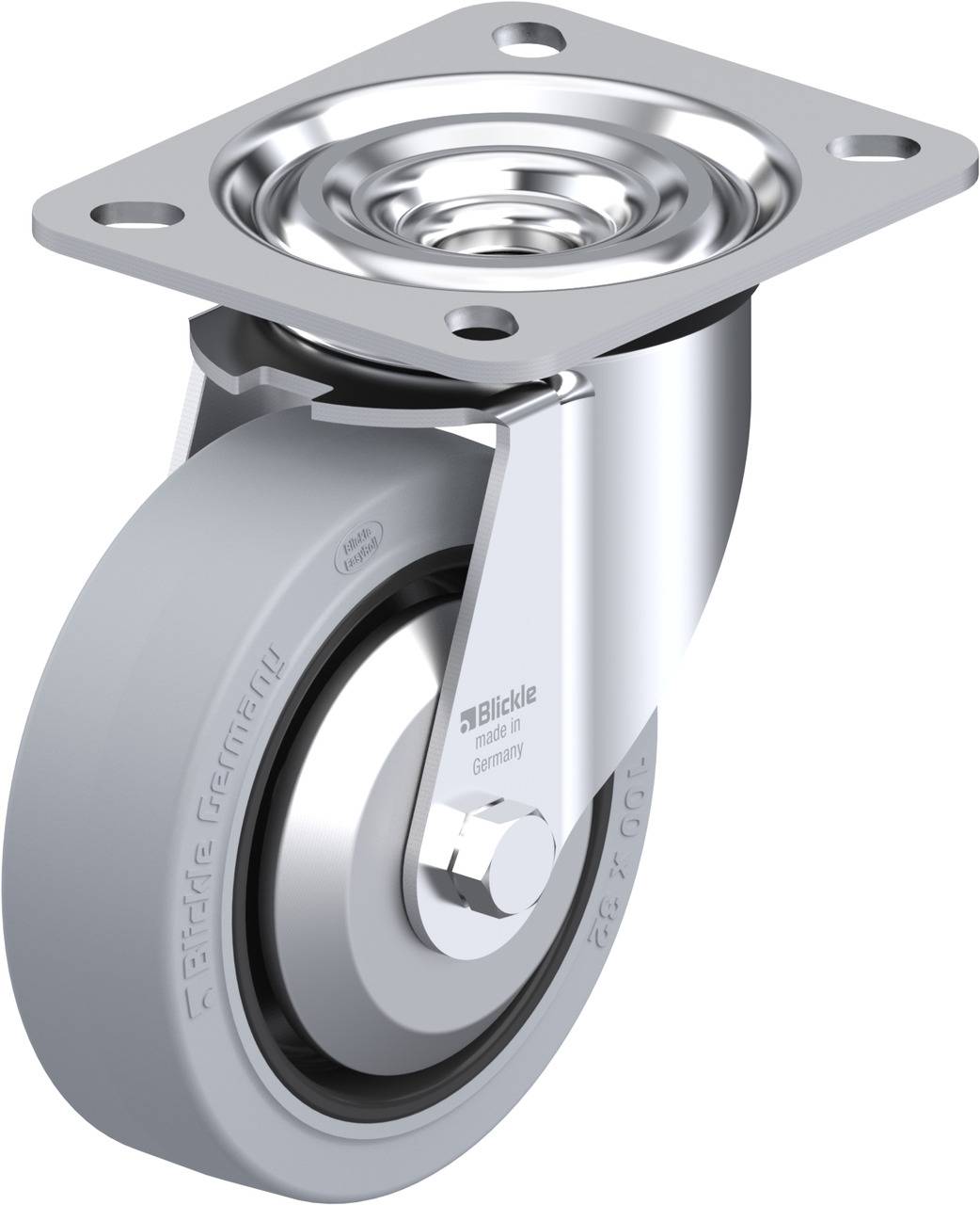 Graues Industrierad mit Metallbefestigung; Dreh- und Rollfunktion erkennbar. Schriftzug 'Blickle' und 'Made in Germany' auf der Seite.