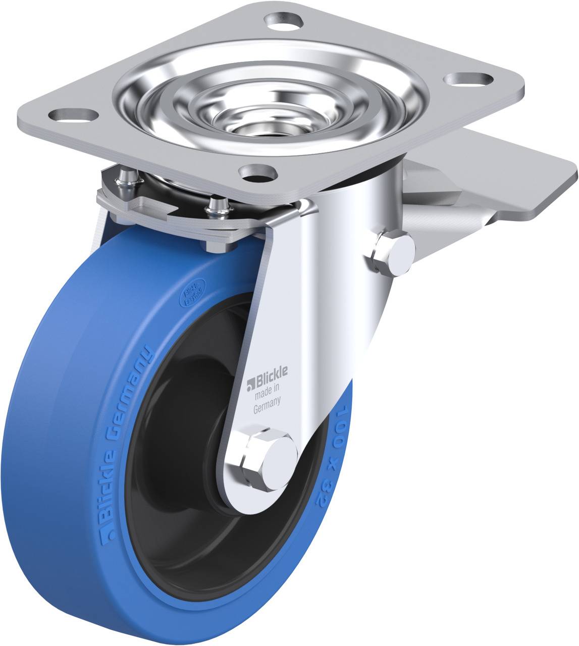 Industrie-Schwenkrolle mit blauer Gummi-Rad, Metallsockel und Bremse, geeignet für Transportgeräte in Lager- oder Produktionsumgebungen.