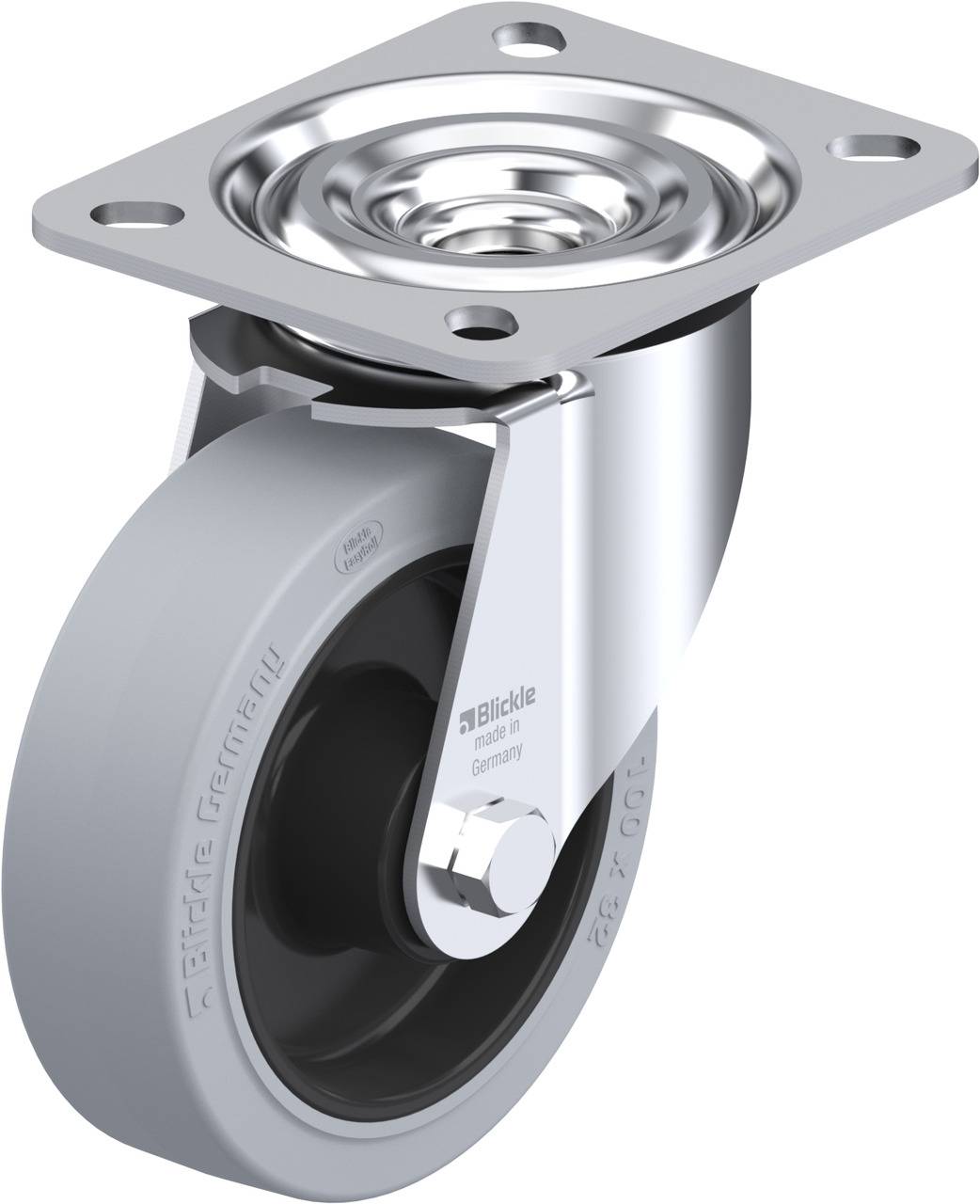 Lenkrolle mit grauem Gummirad und Metallplatte. Aufschrift: Blickle, Germany.