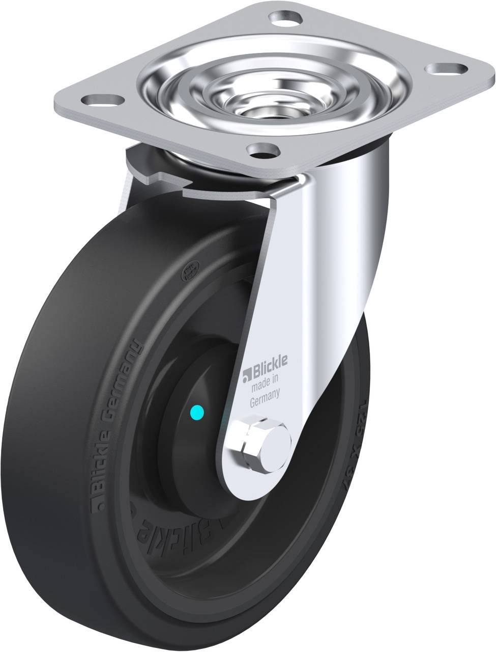 Metall-Lenkrolle mit schwarzem Rad und Befestigungsplatte. Geeignet für Möbel oder leichte Geräte.