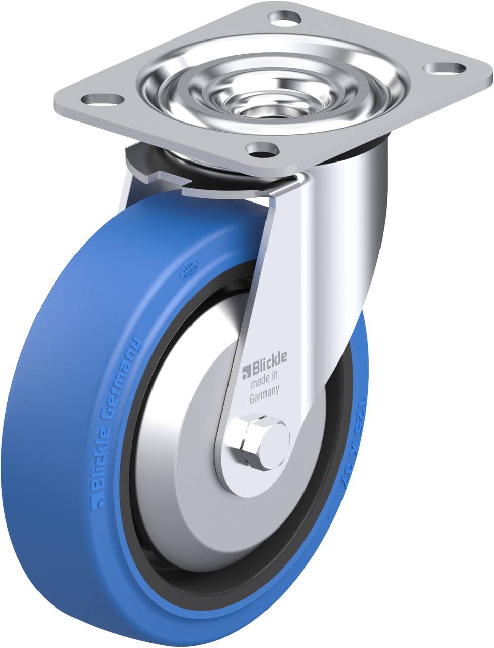 Schwenkrolle aus Metall mit blauer Gummilauffläche, geeignet für Möbel oder Wagen, für Mobilität und Flexibilität in Innenräumen.