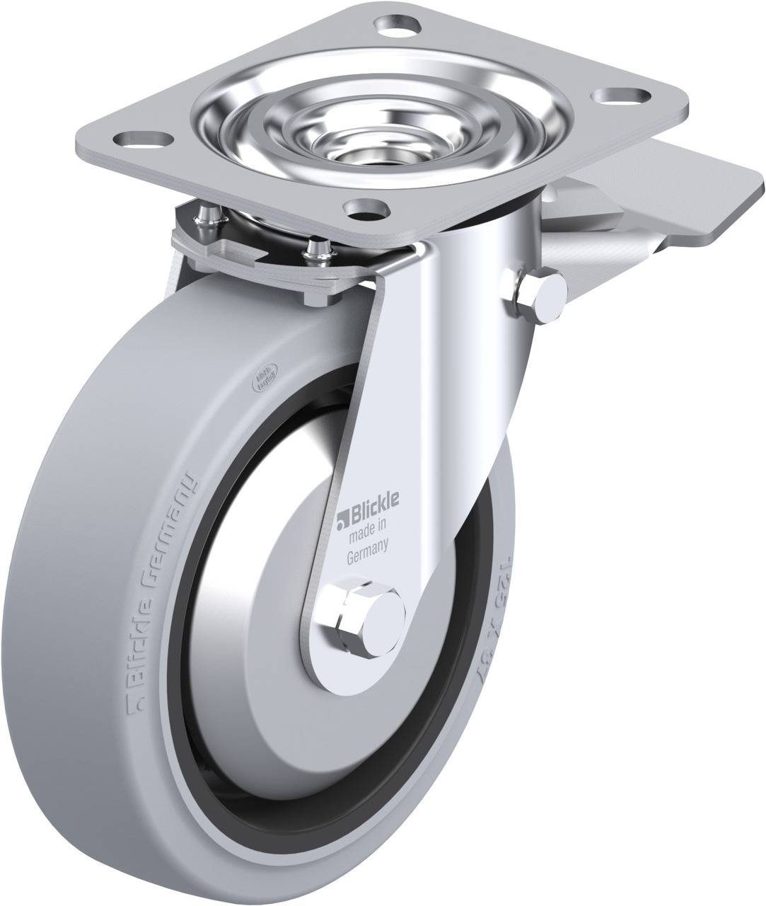 Eine graue Industrie-Lenkrolle mit Metallrahmen und Befestigungsplatte, geeignet für schwere Lasten und vielseitige Anwendungen.