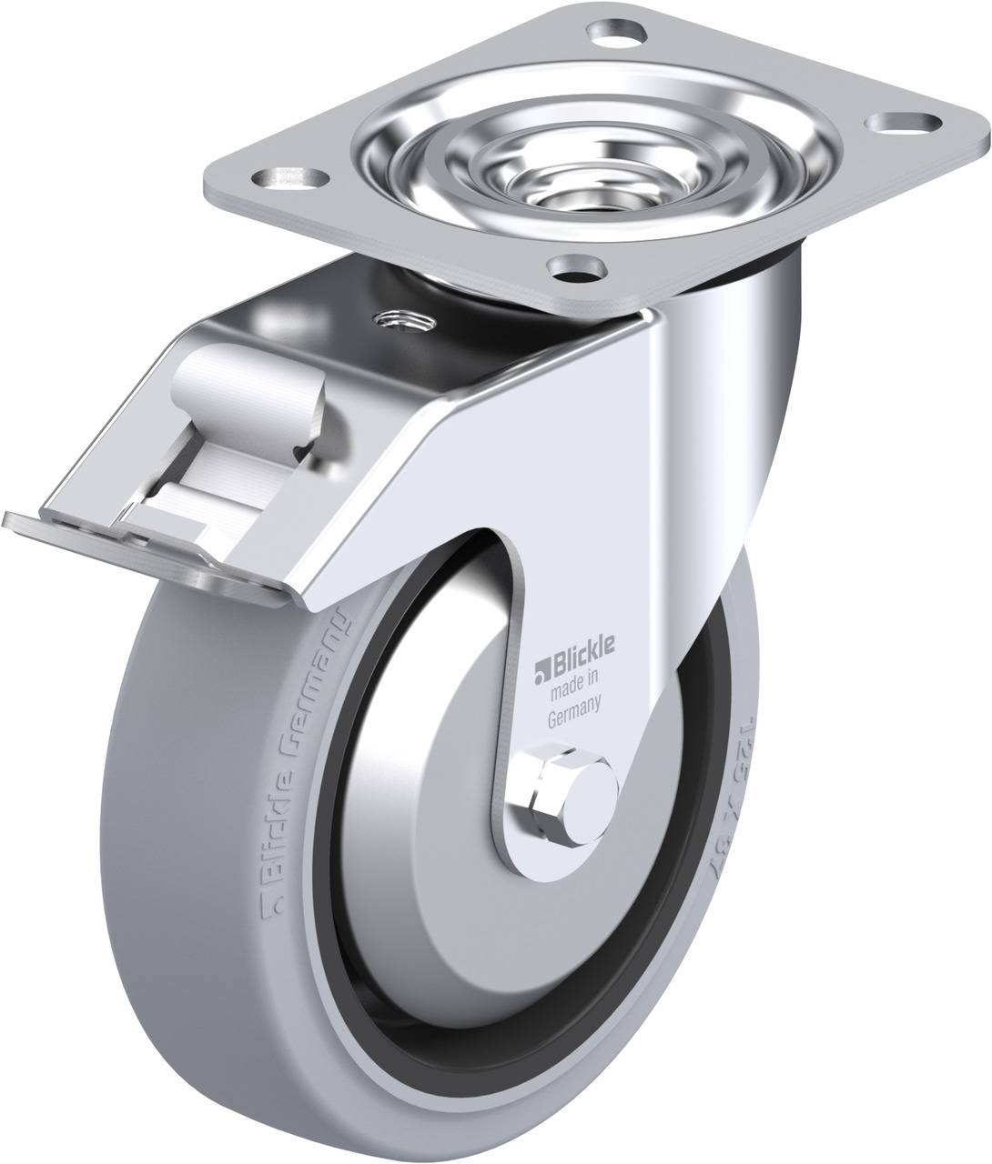 Industrie-Lenkrolle aus Metall mit grauem Rad und Befestigungsplatte für Maschinen oder Möbel, Firmenlogo sichtbar.