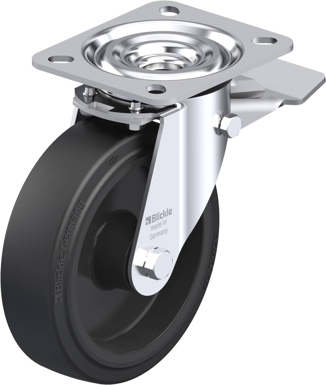 Schwenkrolle mit grauem Rad und Metallgehäuse, geeignet für industrielle Anwendungen. Das Rad hat eine glatte Oberfläche.