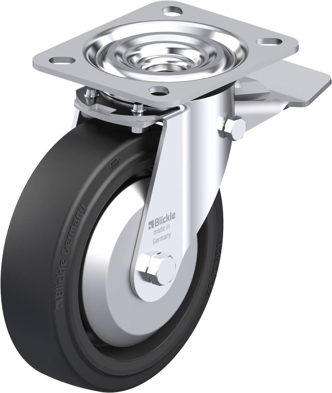 Schwenkrolle aus Metall mit grauem Rad und Befestigungsplatte, geeignet für Transportwagen in industriellen Anwendungen.