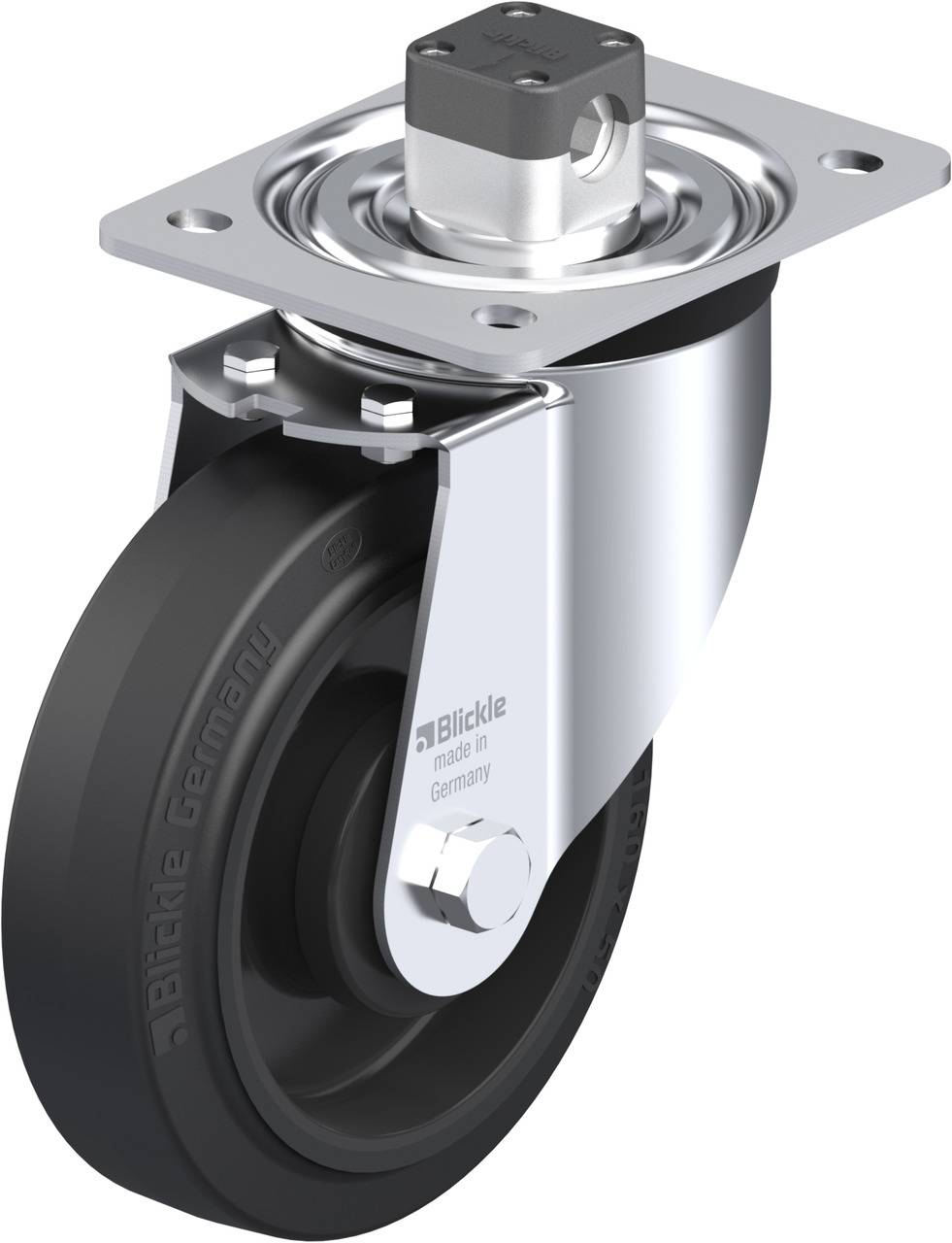 Schwenkrolle aus Metall mit schwarzem Gummirad und Befestigungsplatte. Logo 'Blickle' und 'made in Germany' sichtbar.