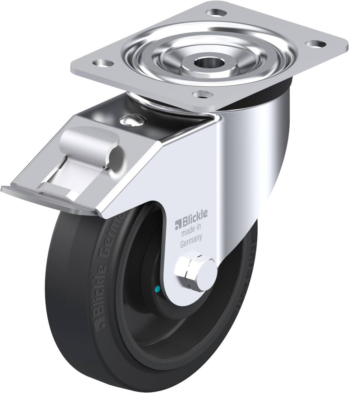 Eine schwenkbare Rollenrolle aus Metall und schwarzem Gummi, mit Befestigungsplatte und Beschriftung 'Blickle made in Germany'.
