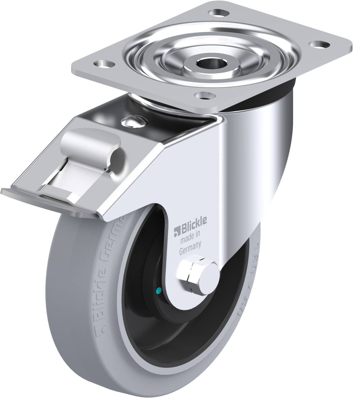 Lenkrolle aus Metall und Gummi mit Befestigungsplatte, geeignet für den Einsatz in Industrieumgebungen. Markierung 'Blickle made in Germany'.
