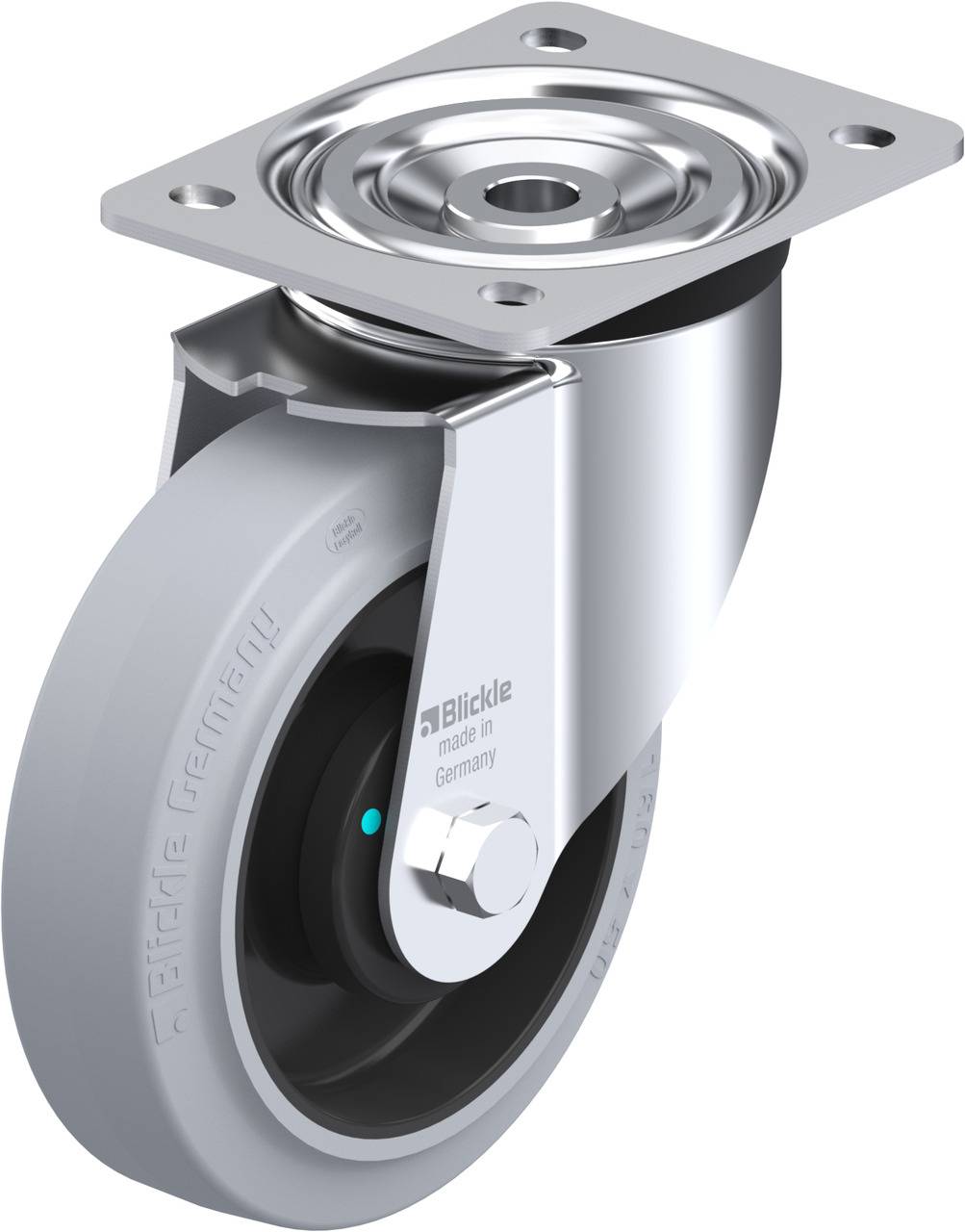 Industrie-Lenkrolle aus Edelstahl mit grauem Rad und Befestigungsplatte, geeignet für den Einsatz in Transportgeräten und Maschinen.