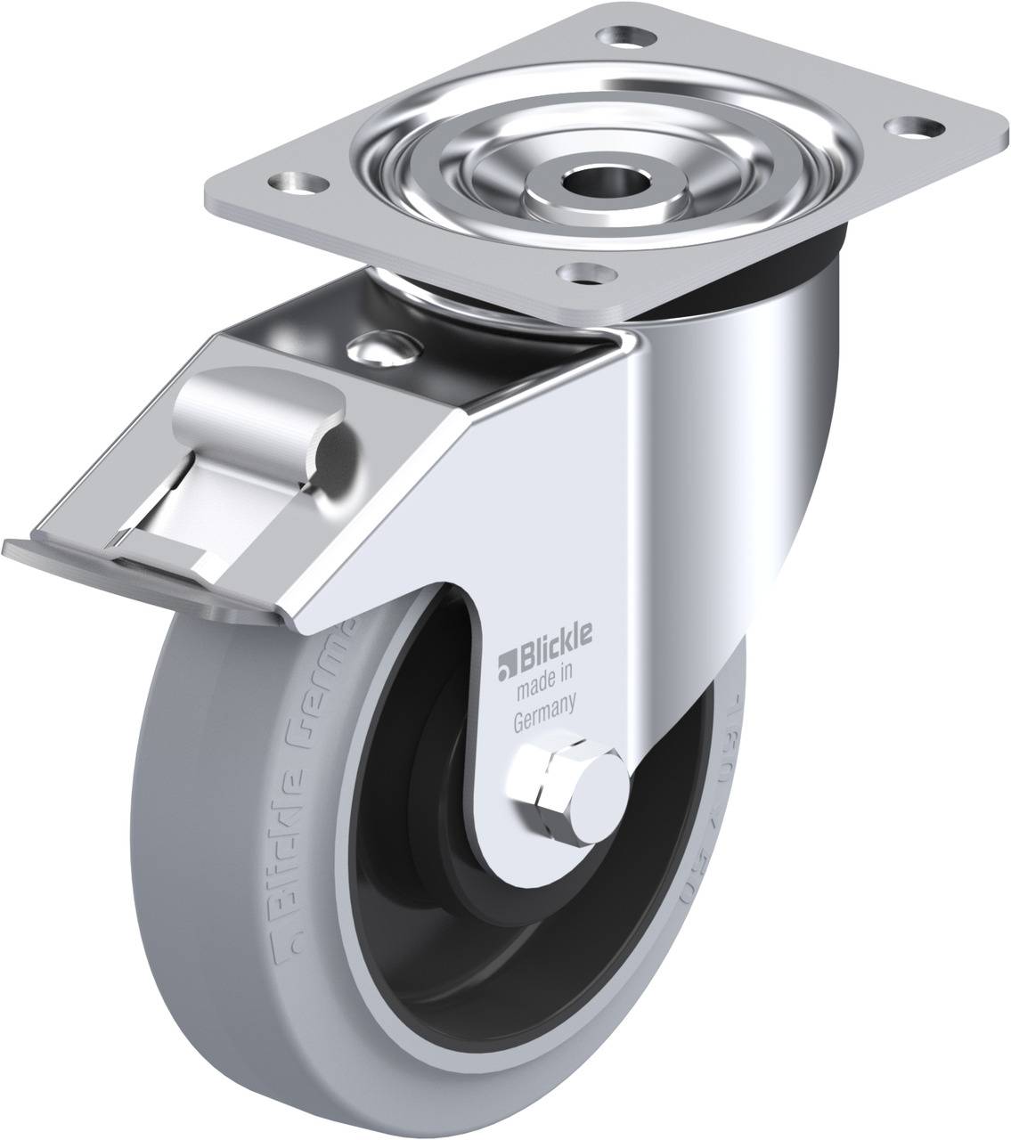 Schwenkrolle aus Metall mit grauem Rad und Befestigungsplatte, von Blickle. Geeignet für Möbel oder Gerätebewegung in Innenräumen.