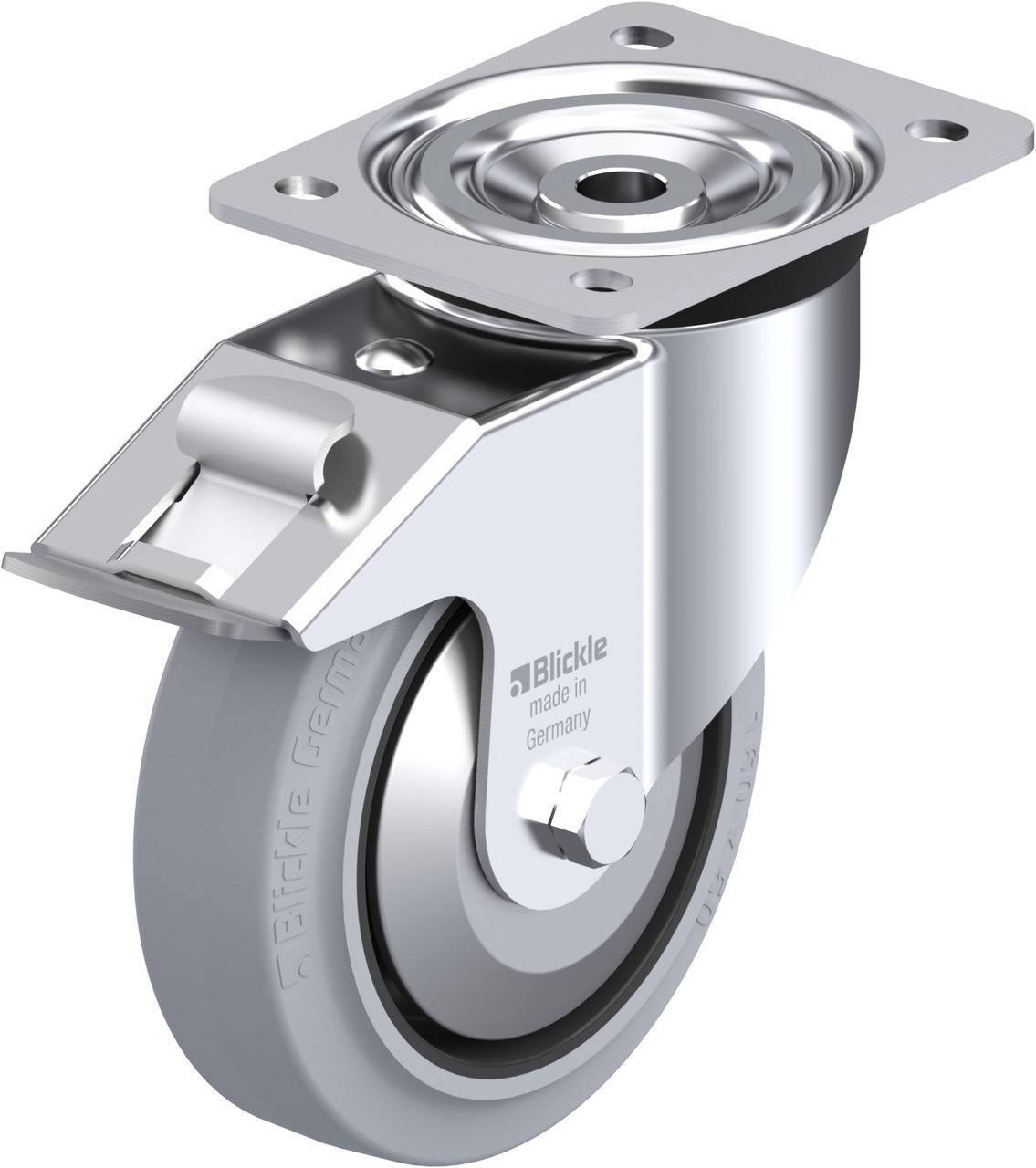 Schwenkrolle aus Metall mit Befestigungsplatte und Bremse, geeignet für industrielle Anwendungen. Hergestellt in Deutschland.