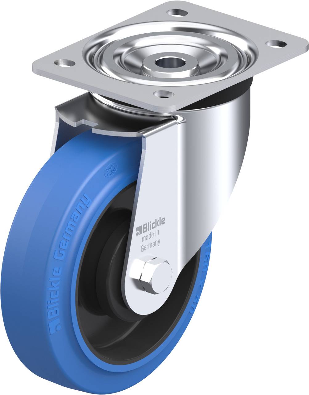 Metallisches Lenkrollenrad mit blauem Gummireifen, hergestellt von 'Blickle'. Geeignet für die Montage an Möbeln oder Geräten.