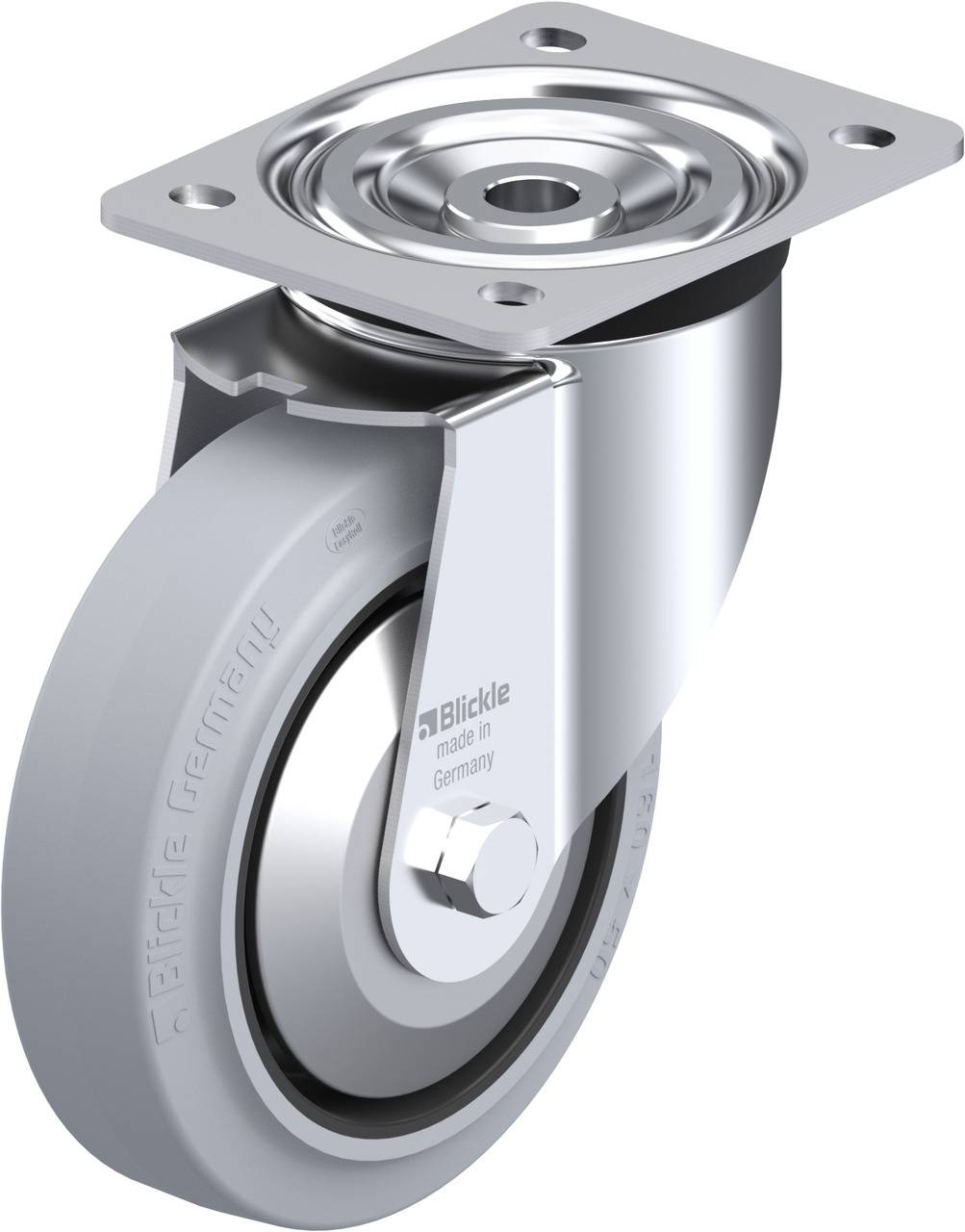 Schwenkrolle mit grauem Gummirad und Metallgehäuse, geeignet für Möbel oder Industrieanwendungen.
