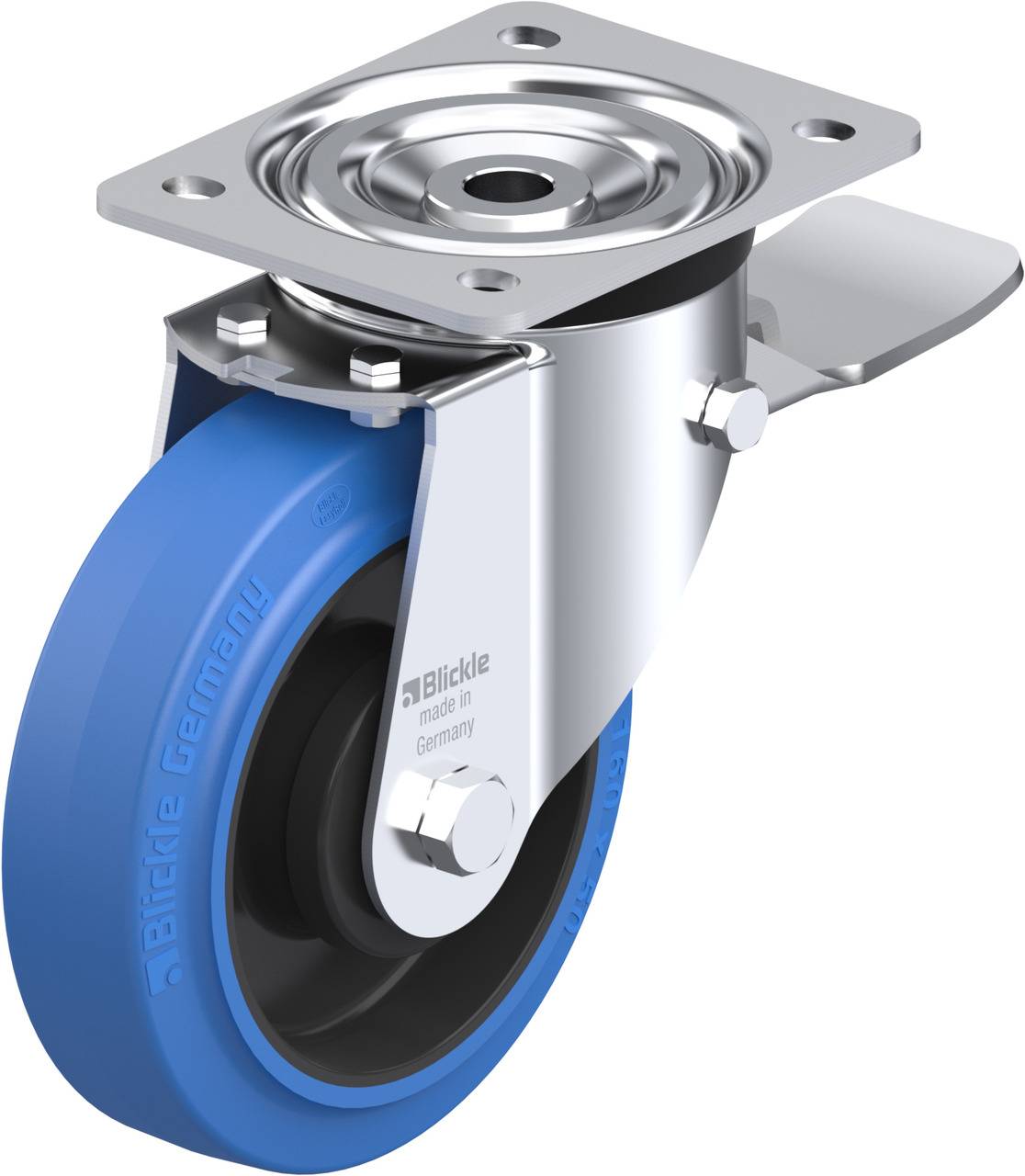 Industrie-Lenkrolle mit blauem Gummirad und silbernem Metallgehäuse. 'Blickle Germany' auf dem Rad geprägt.