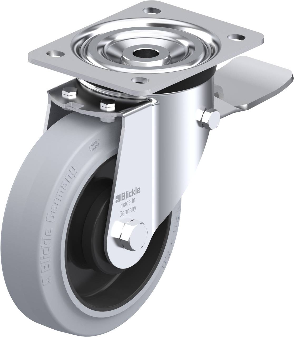 Schwenkrolle aus Stahl mit grauem Gummirad, rechteckiger Platte zur Befestigung und integriertem Kugellager für leichtgängige Bewegung.