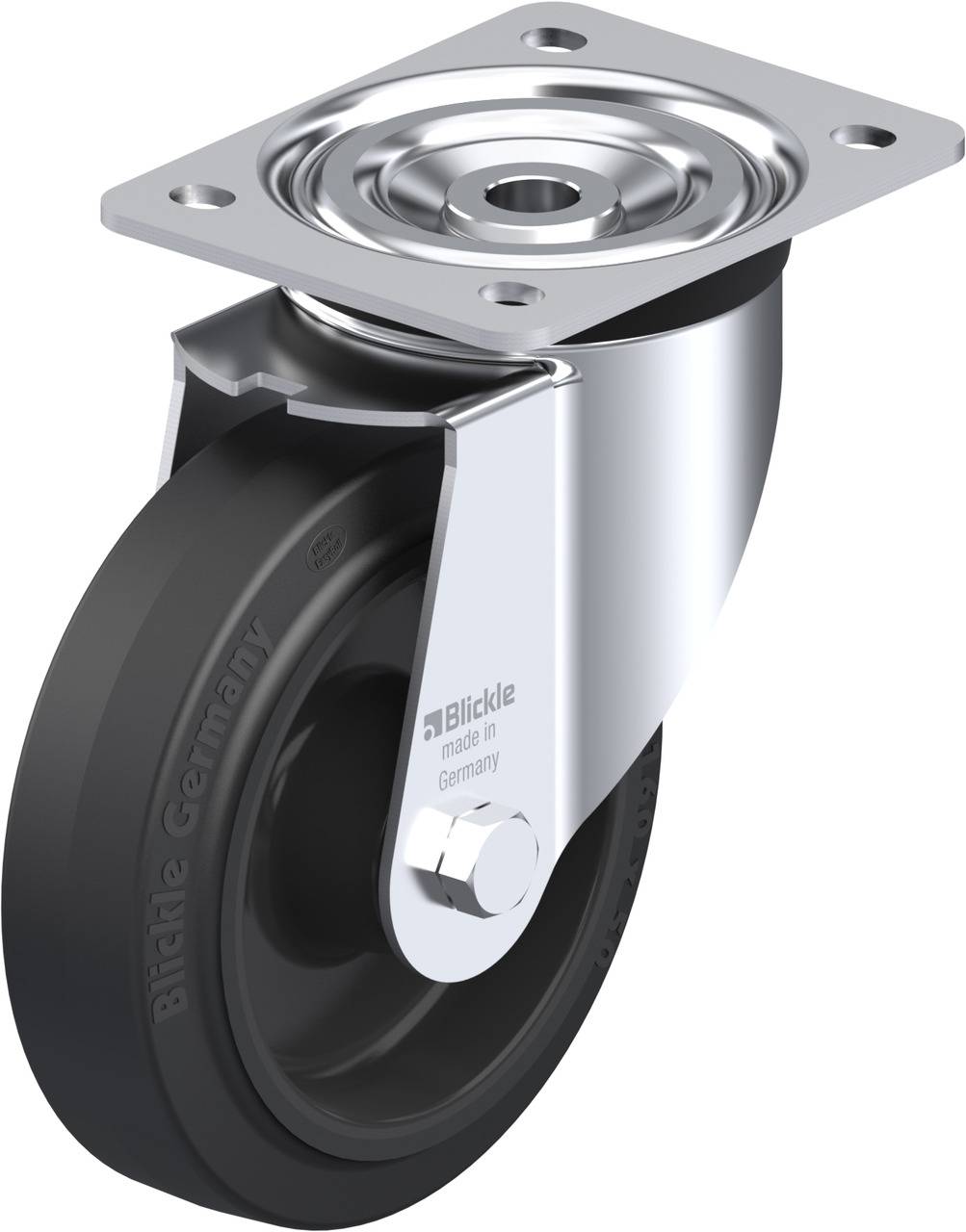 Schwenkrolle aus Metall mit schwarzem Rad und Befestigungsplatte. Die Rolle zeigt die Aufschrift 'Made in Germany, Blickle Germany'.