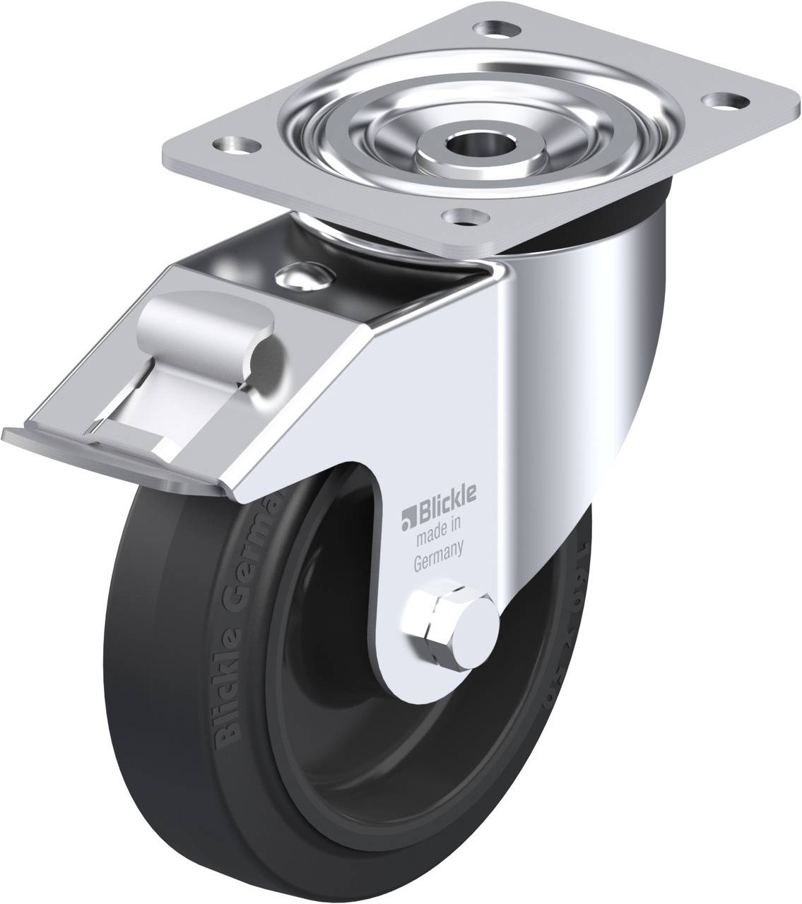 Metallisches Drehgestell mit einer robusten schwarzen Rolle, geeignet für den Einsatz an beweglichen Möbeln oder Geräten.