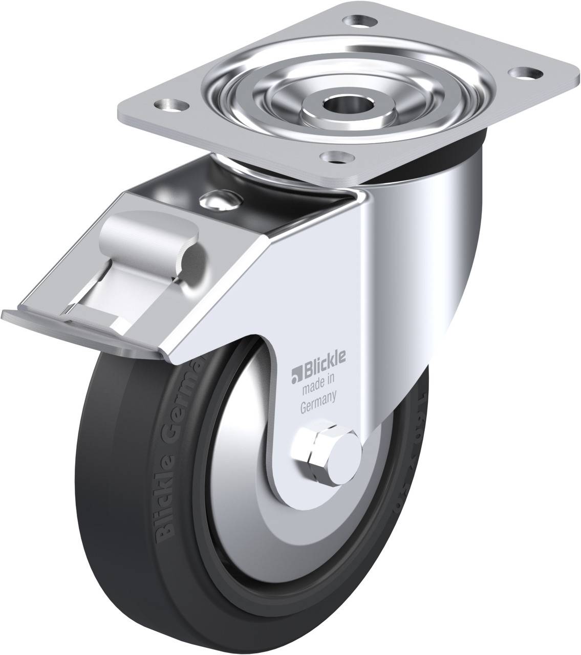 Ein silbernes, schwenkbares Rad aus Metall und Gummi, geeignet für den industriellen Einsatz, markiert mit 'Blickle made in Germany'.