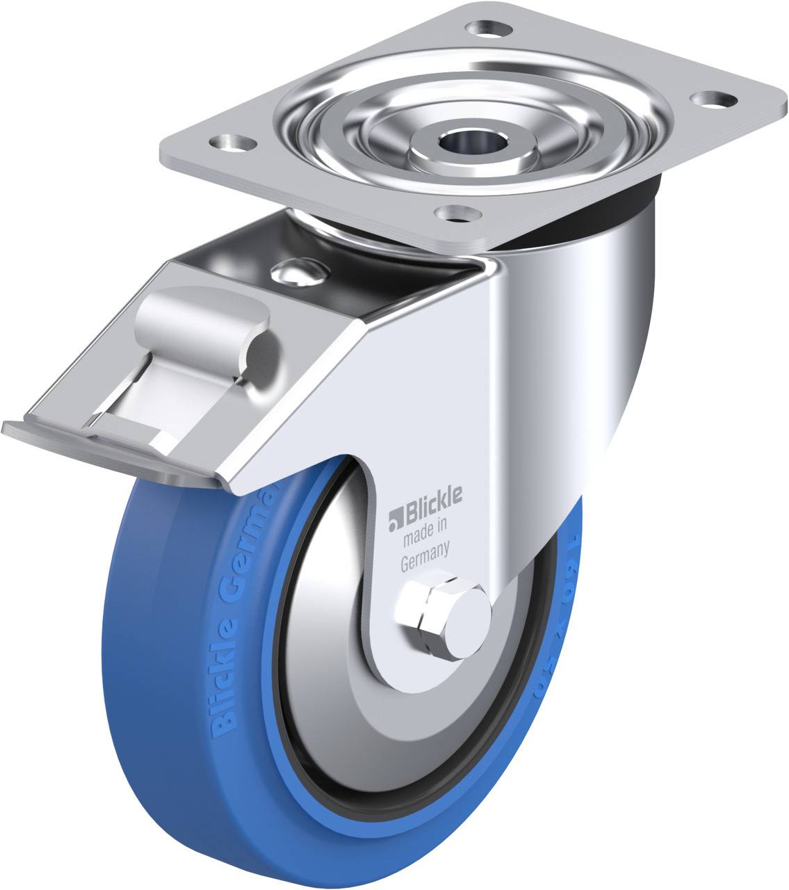 Ein blaues Bockrad aus Metall mit einer grauen Halterung und einer gebremsten Platte zur Befestigung. Rad hat 'Blickle' Aufschrift.