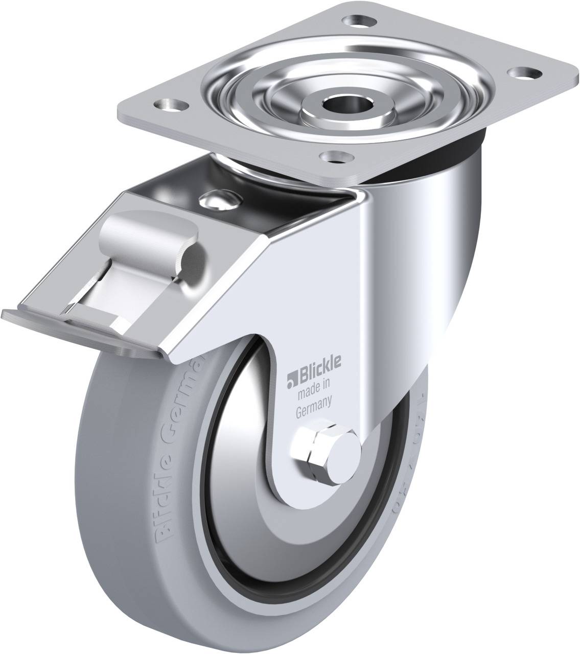 Drehbares Rollenrad aus Metall mit Befestigungsplatte, geeignet für den Einsatz an Möbeln oder Geräten für einfache Bewegung.