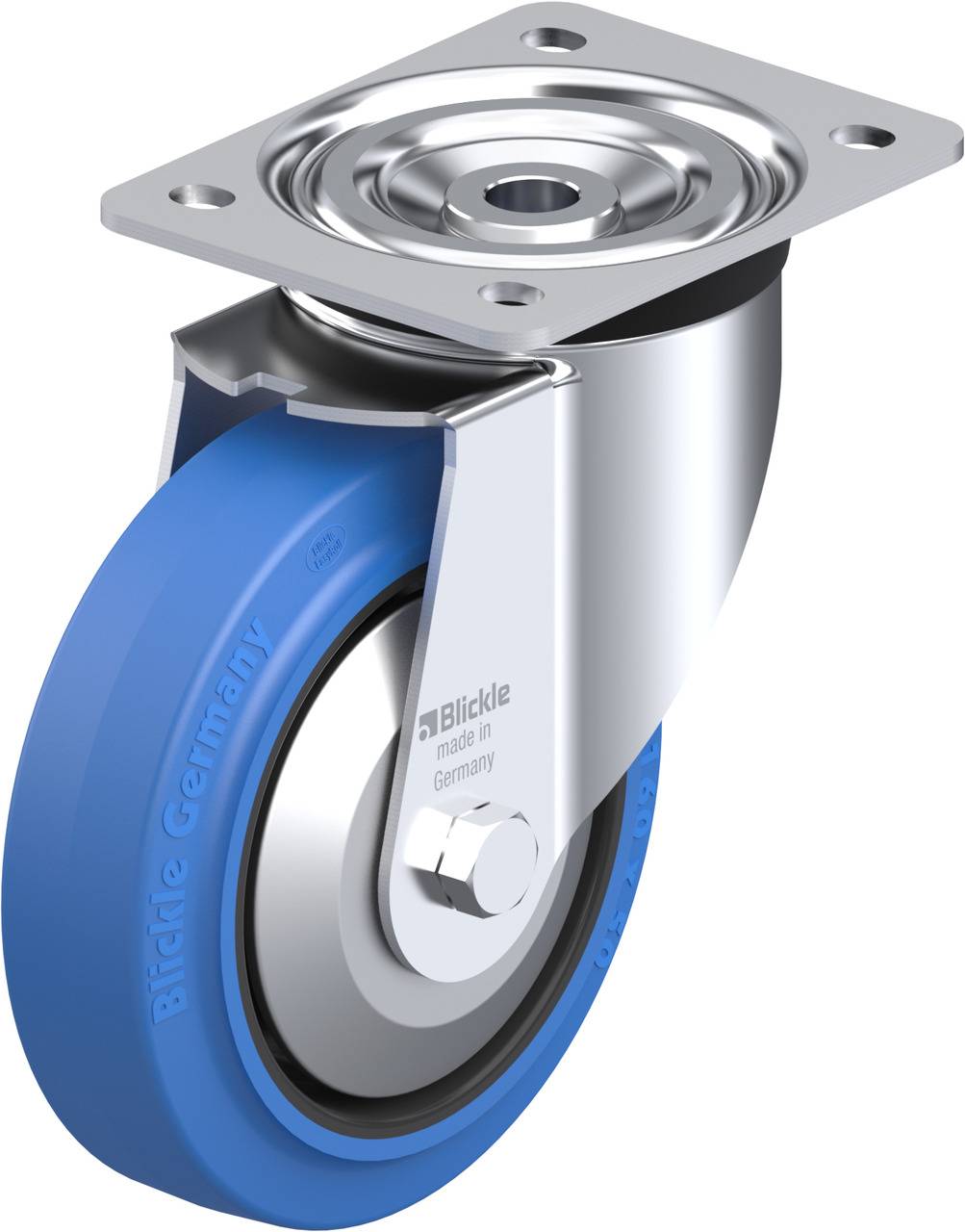 Schwenkrolle mit blauer Bereifung und silberner Halterung, geeignet für Möbel oder Transportmittel. Markierung 'Blickle Germany'.