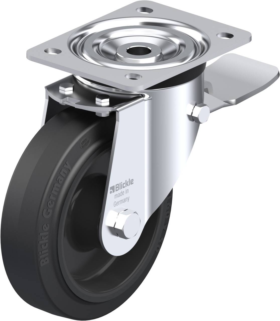 Industrie-Schwenkrolle mit schwarzem Rad, befestigt an einer Metallplatte, geeignet für den mobilen Einsatz.