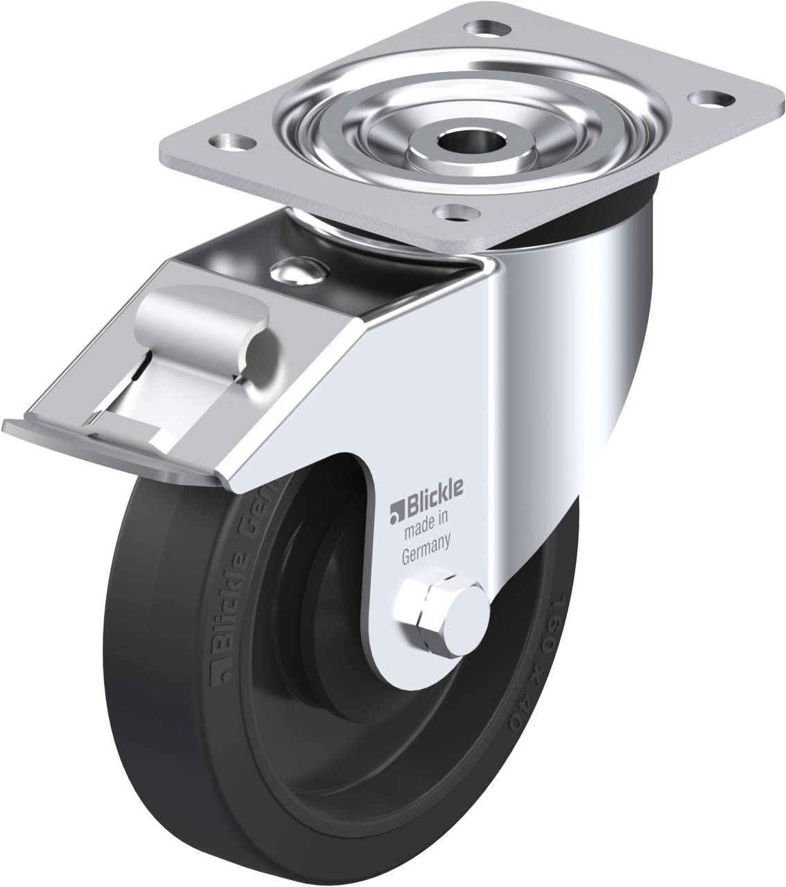 Swivellenkrolle mit feststellbarer Metallplatte und schwarzem Rad, geeignet für den Einbau an Möbeln oder Geräten zur leichten Mobilität.