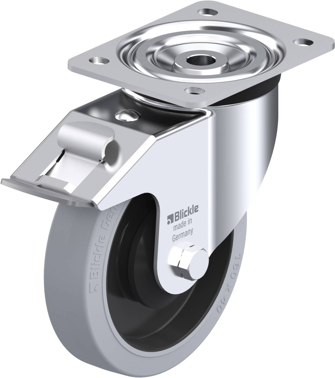 Schwenkrolle aus Metall mit grauem Rad und Befestigungsplatte. Auf der Rolle steht 'Blickle made in Germany'.