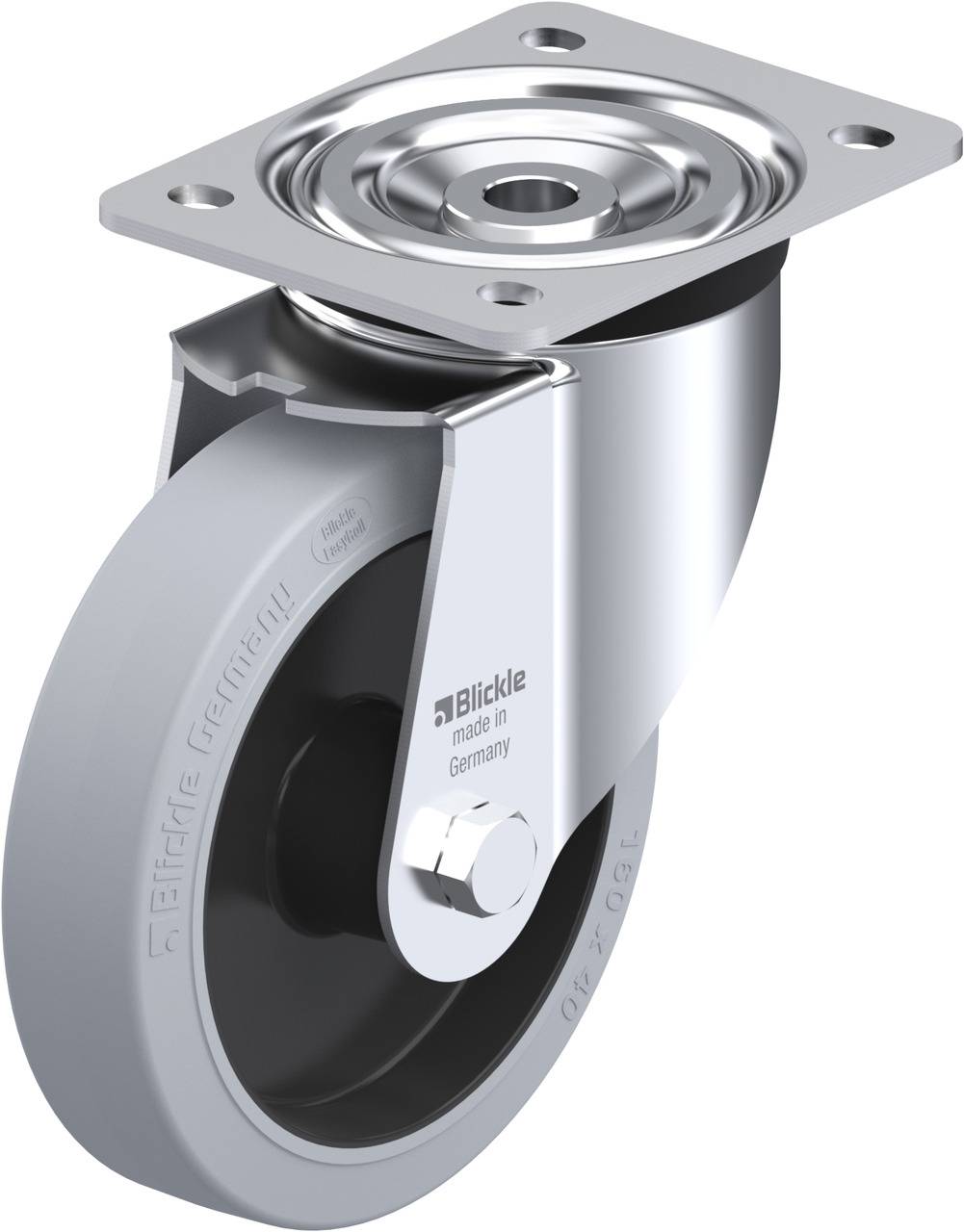 Industrie-Lenkrolle aus glänzendem Metall mit grauem, gummiertem Rad und Befestigungsplatte.