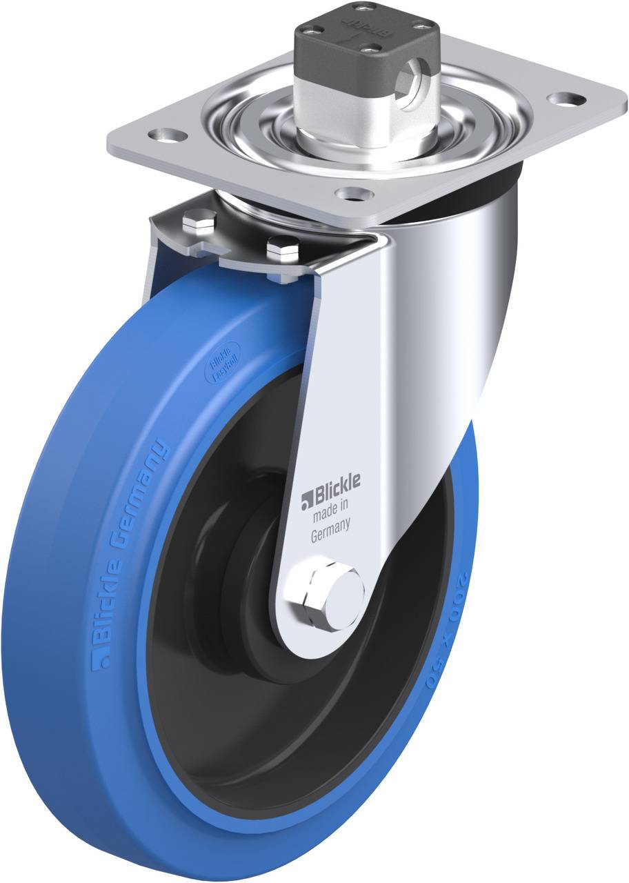 Rollenrad mit blauer Bereifung und silbernem Befestigungselement. Ausgelegt für Schwerlastanwendung. Hersteller 