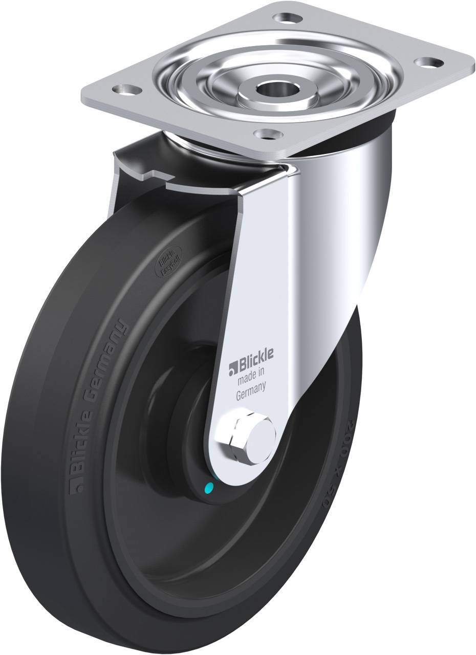 Schwenkrolle mit grauem Rad und metallener Befestigung aus dem Blickle Sortiment, beschriftet mit 'Blickle made in Germany'.