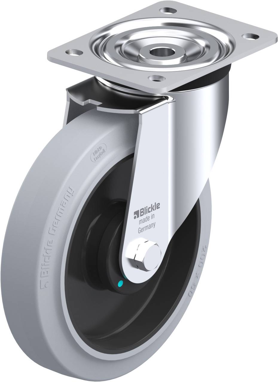 'Metallisches Lenkrollenrad mit grauem Gummireifen und einer Befestigungsplatte. Aufschrift: 