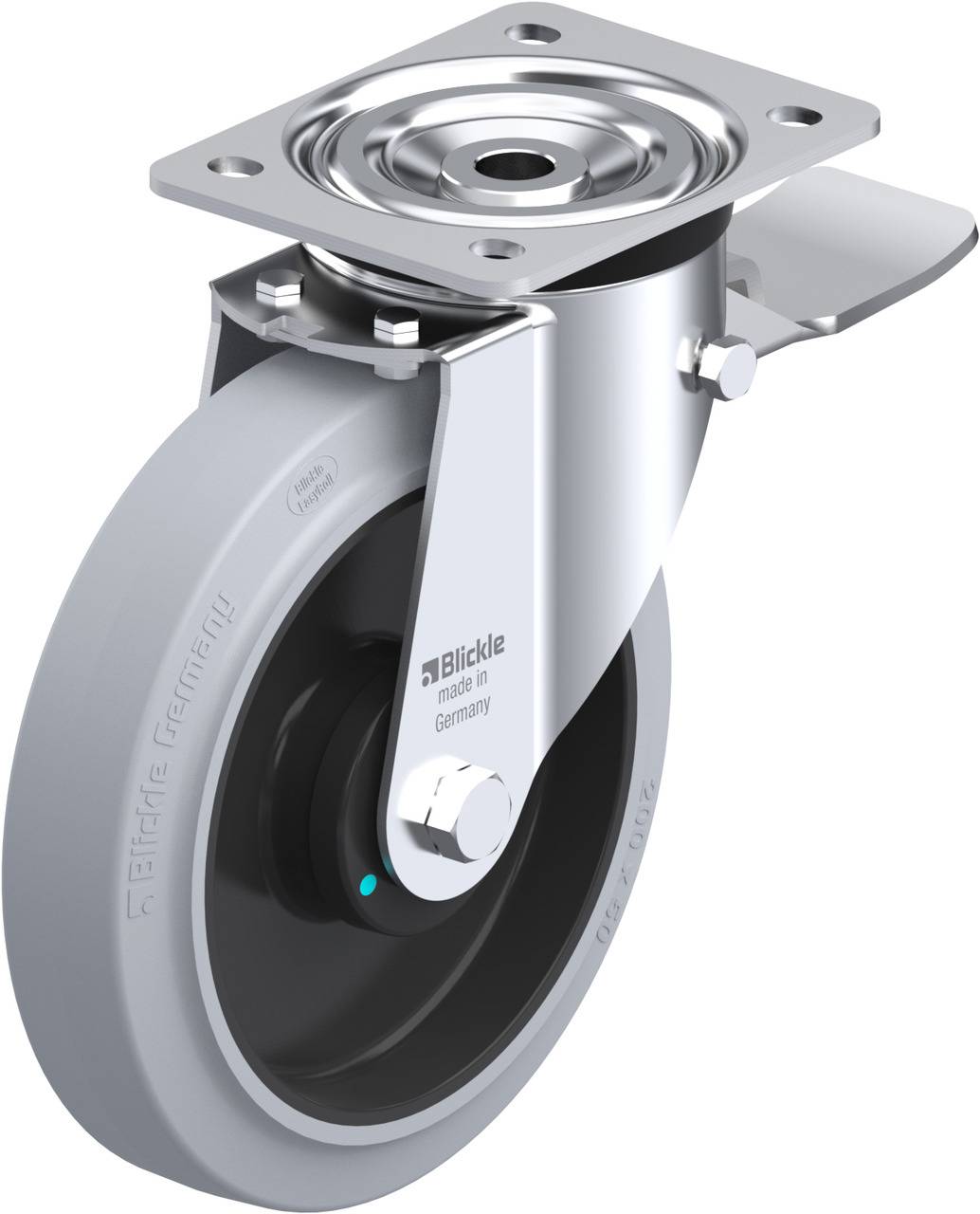 Graue Rolle mit Metallhalterung und Drehmechanik, Beschriftung 'Blickle', für industrielle Anwendungen.