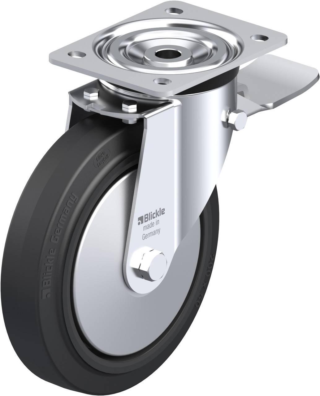 Metallisches Schwerlast-Drehrad mit schwarzem Gummi und rechteckiger Montageplatte. Geeignet für industrielle Anwendungen.