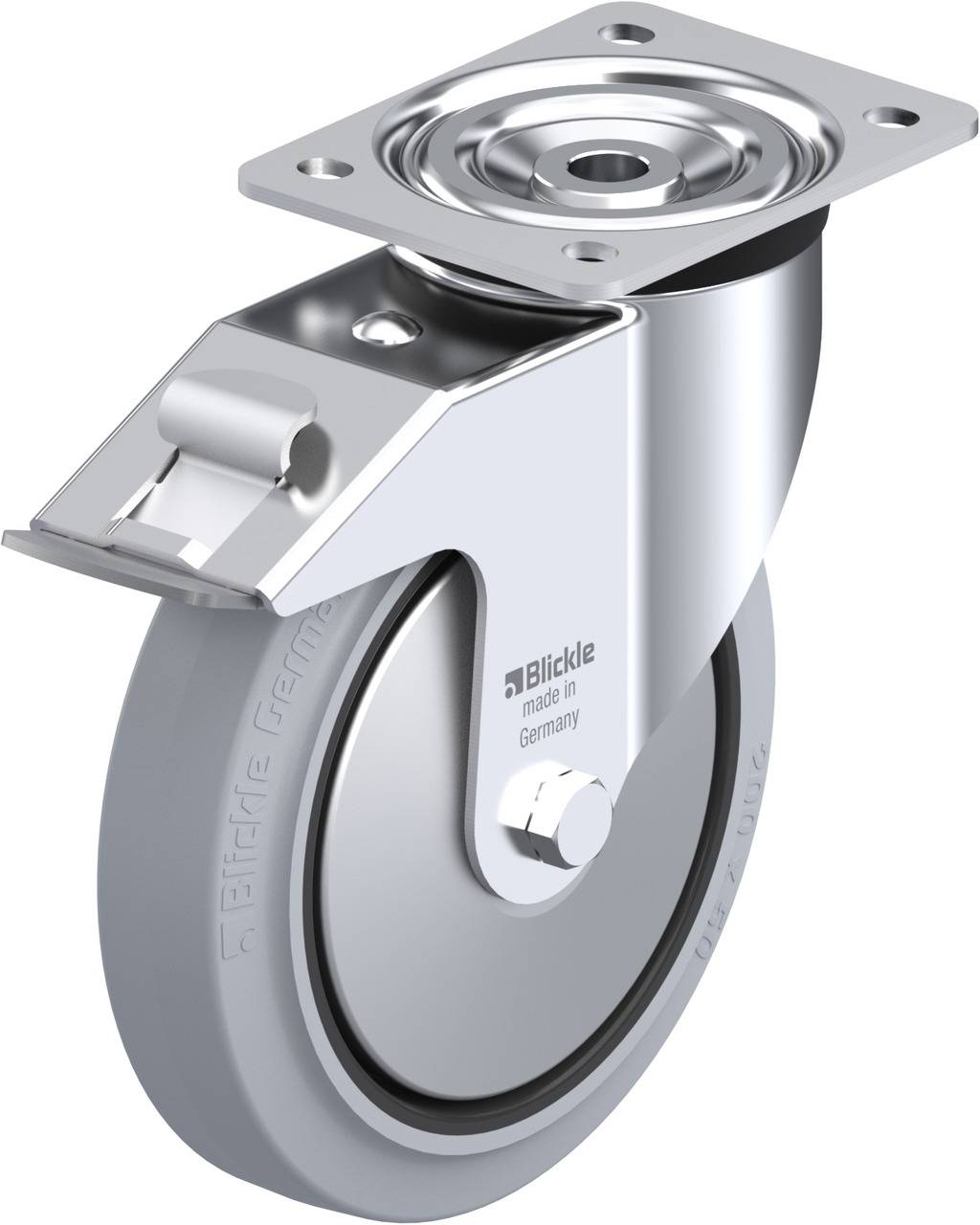 Schwenkrolle mit grauem Rad, glänzendem Metallgehäuse und Platte. Aufschrift: 'Blickle made in Germany'.