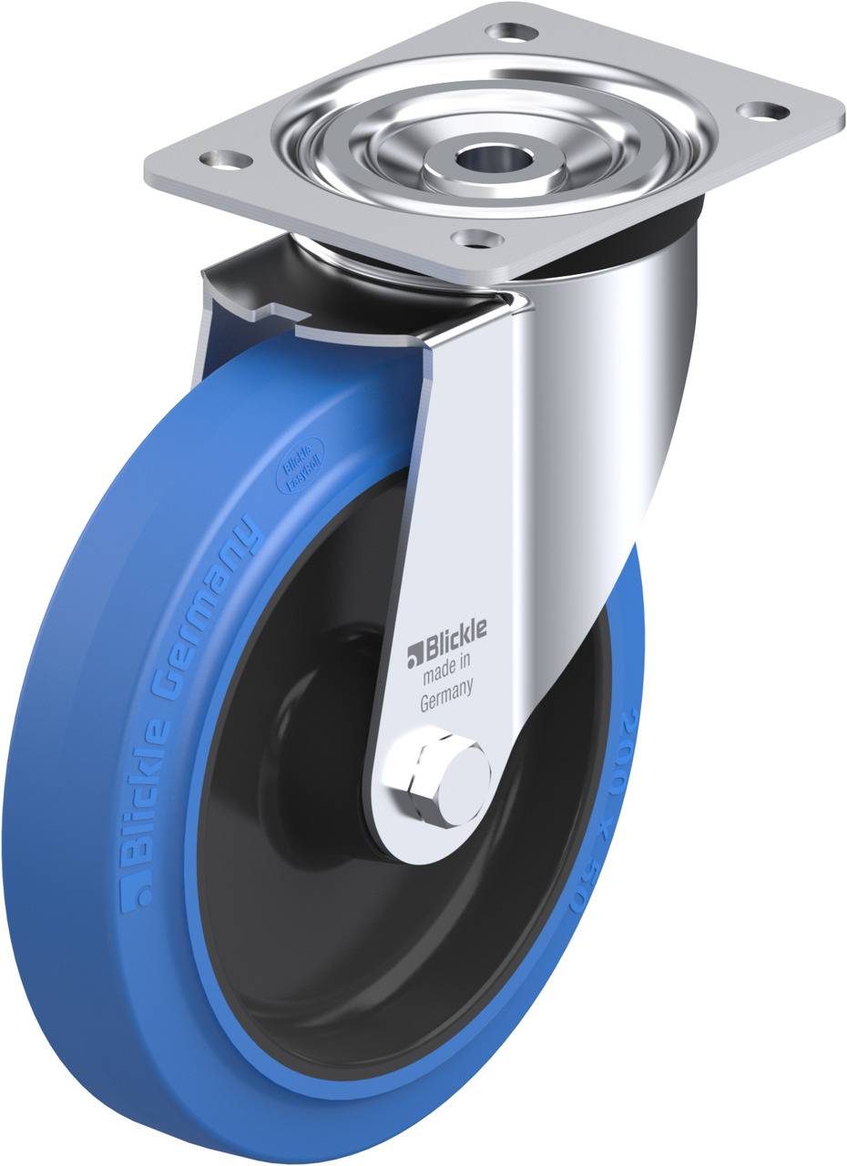 Blau-schwarzes Lenkrolle mit Metallgabel und Montageplatte, hergestellt in Deutschland von Blickle, zeigt Funktionalität und Design.