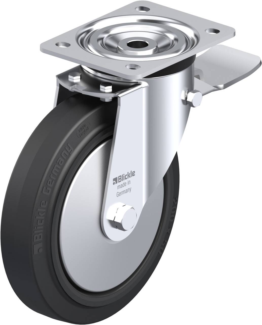 Lenkrolle aus Metall mit schwarzem Gummirad, oben montierte Platte, 'Blickle made in Germany' auf der Radnabe.