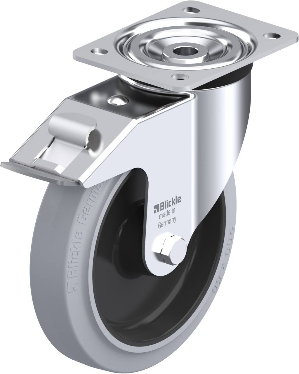 Schwenkrolle mit grauem Rad und Metallbefestigung, beschriftet 'Blickle made in Germany'. Ideal für Industrieausrüstung.