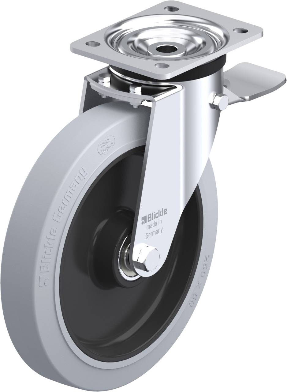 Ein schwenkbares Rad aus grauem Gummi mit Metallgehäuse und Befestigungsplatte, geeignet für industrielle Anwendungen.