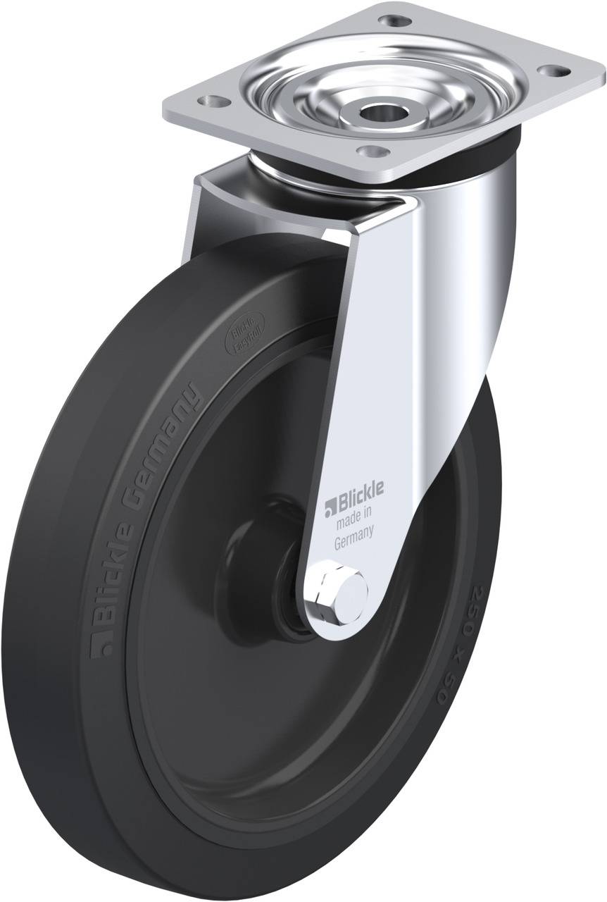 Schwenkrolle mit schwarzem Rad und silbernem Gehäuse, geeignet für schwere Lasten.